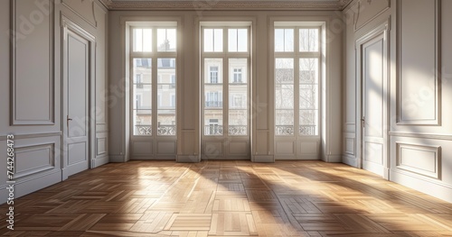 A Spacious and Bright Room with Wooden Flooring and Dual Windows Opening to a Balcony