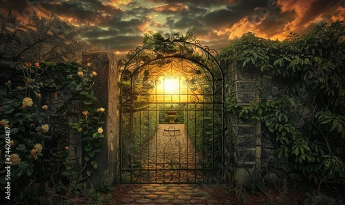 Sunset through the gate of a rose garden with blooming flowers