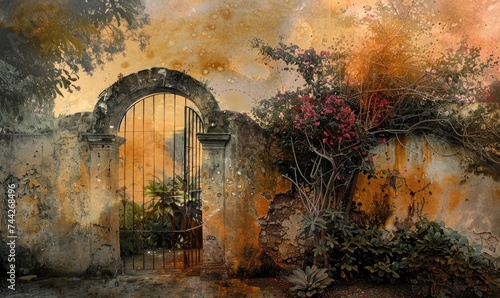 Sunset through the gate of a rose garden with blooming flowers