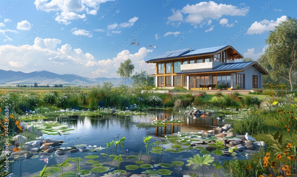Fototapeta premium cottage with solar panels in a lake.