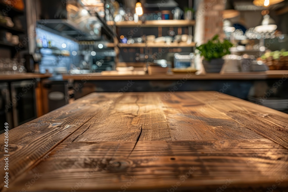 Rustic wooden table with a blurred background of a cozy Modern kitchen Perfect for showcasing culinary creations or product advertisements