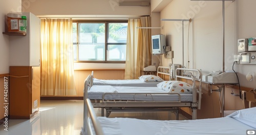 A Peek Inside an Empty Hospital Room Outfitted with Dual Beds