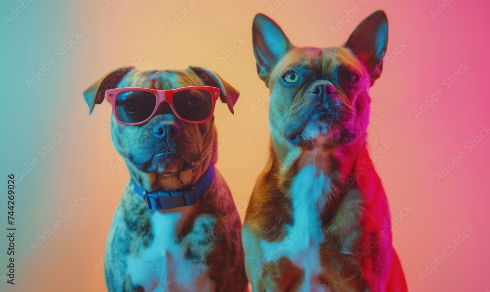 two french bulldog wearing sunglasses on gradient background in neon light.