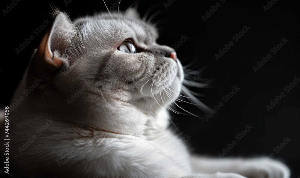 Studio portrait of a regal white Scottish Fold cat on a dark background, space for text