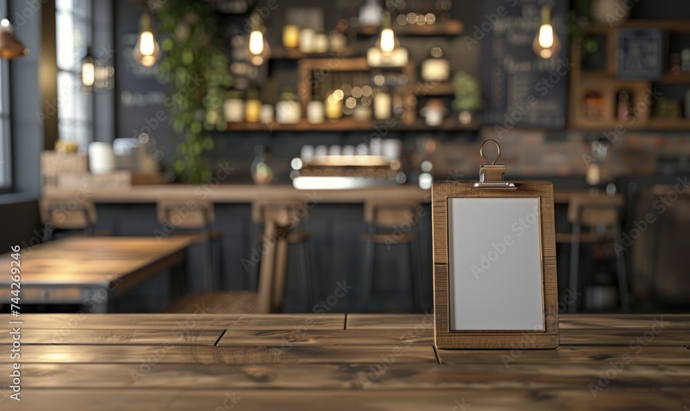 Blank wooden menu board on wooden table in cafe. Mock up Blank wooden menu board on wooden table in cafe. Mock up