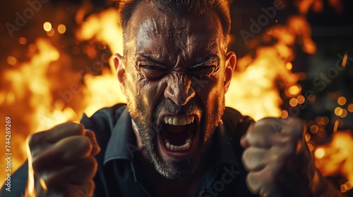 Close-up of an extremely angry adult mature man screaming with fire flames in background