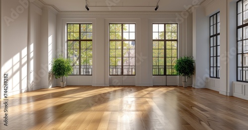A Light-Filled Room with Wooden Flooring, Large Windows, and Direct Balcony Access