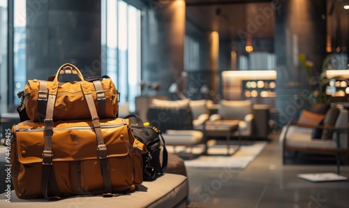 travel bag in hotel lobby, travel and vacation concept, vintage tone