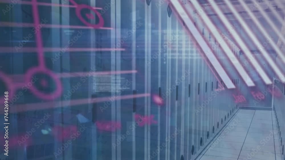 Animation of data processing over server room Animation of data processing over server room