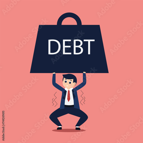 Vector illustration of a businessman lifting a weight labeled 'debt,' depicting a situation burdened by debt