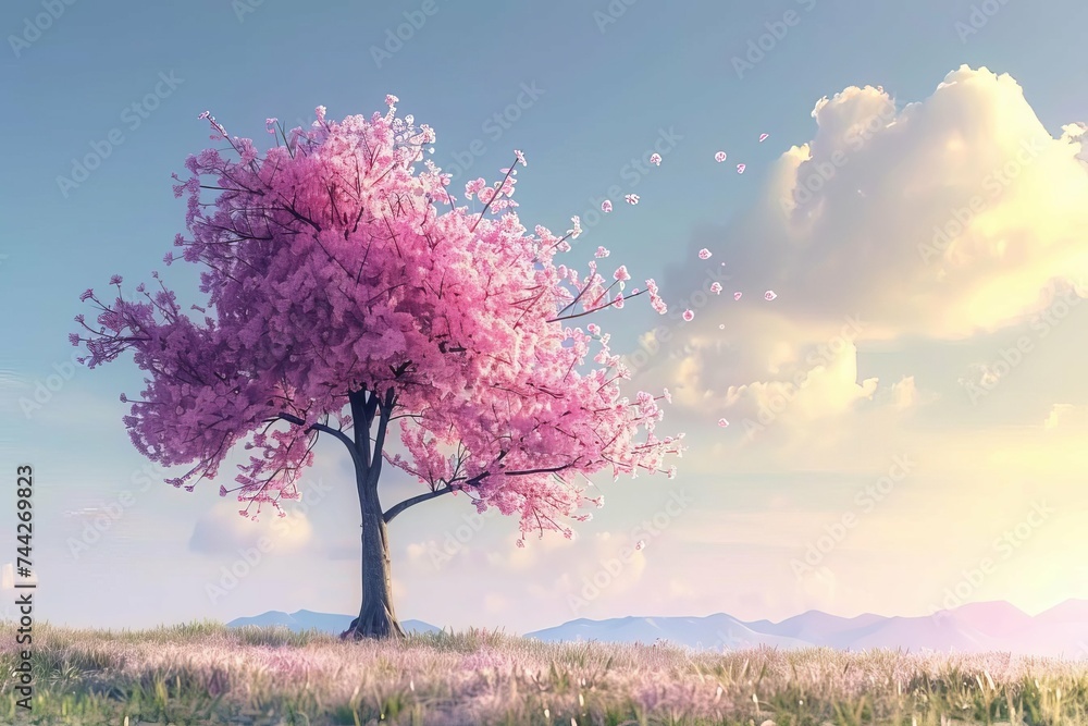 Spring nature scene with a pink blooming tree Symbolizing the beauty and renewal associated with easter - obrazy, fototapety, plakaty 
