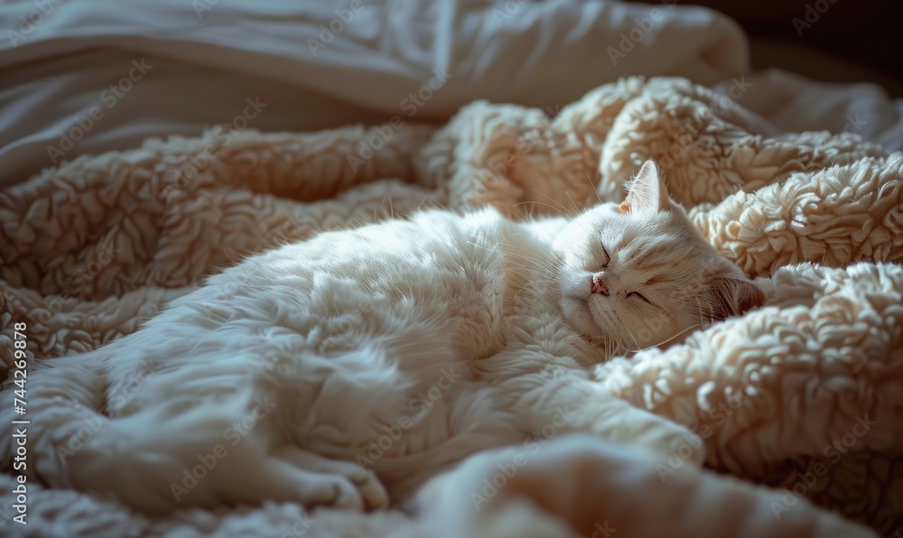 Cute cat sleeping on bed at home. Fluffy pet relaxing in bed. Cute cat sleeping on bed at home. Fluffy pet relaxing in bed.