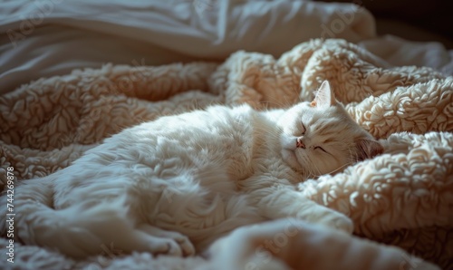 Cute cat sleeping on bed at home. Fluffy pet relaxing in bed.