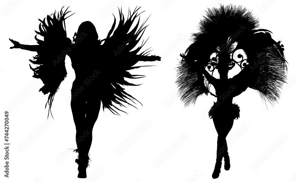 samba, baile, brasil, danza, carnaval, silueta, color, vector, pegatina, plumas, traje,  ilustracion, angel, diablo