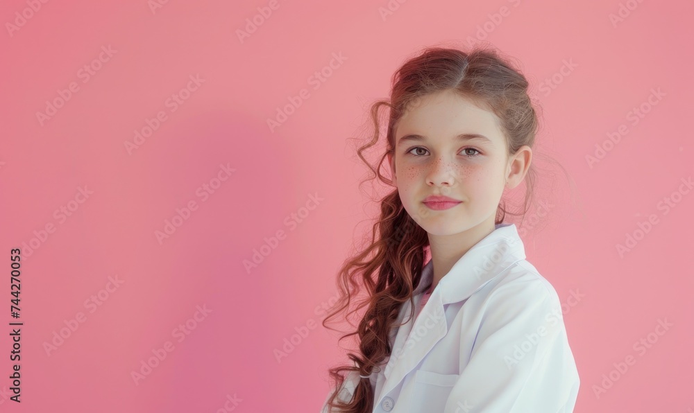 Young girl in a white medical coat against pink wall. Medicine education. Profession.