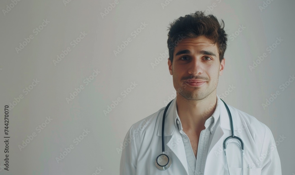 Portrait of young male doctor with stethoscope on white background