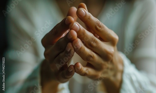 Close-up of hands of a young woman praying. Hands folded in prayer.