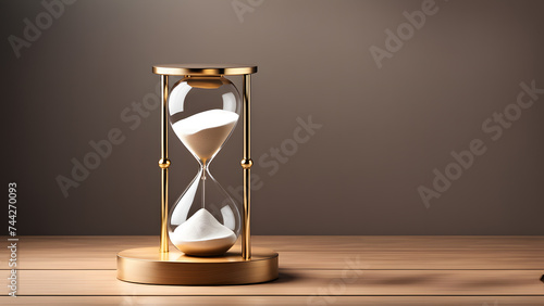 Illuminated 3D Hourglass with Sand Countdown Against Wooden Background. Aesthetic Business Time Symbol for Appointments, Schedules, and Deadlines