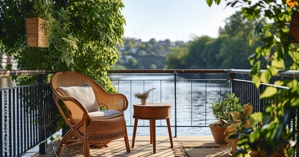 Fototapeta premium Soothing Riverside View - A Calm Balcony Setting with a Wooden Table and Comfortable Chair Amidst Greenery