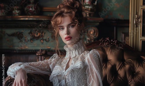 Portrait of a beautiful young woman in a white lace blouse. © TheoTheWizard
