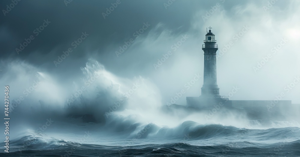 The Daunting Presence of a Lighthouse on the Coast Amidst Turbulent Weather