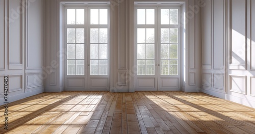 A Room Aglow with Natural Light  Featuring Wooden Flooring and Grand Windows with a Balcony Doorway