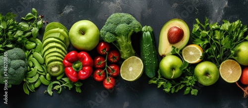 A variety of fresh fruits and green vegetables are arranged neatly on top of a table.