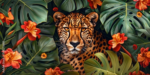 Close-up portrait of Leopard in tropical flowers and leaves. Picturesque portrait of Cheetah . Digital illustration 