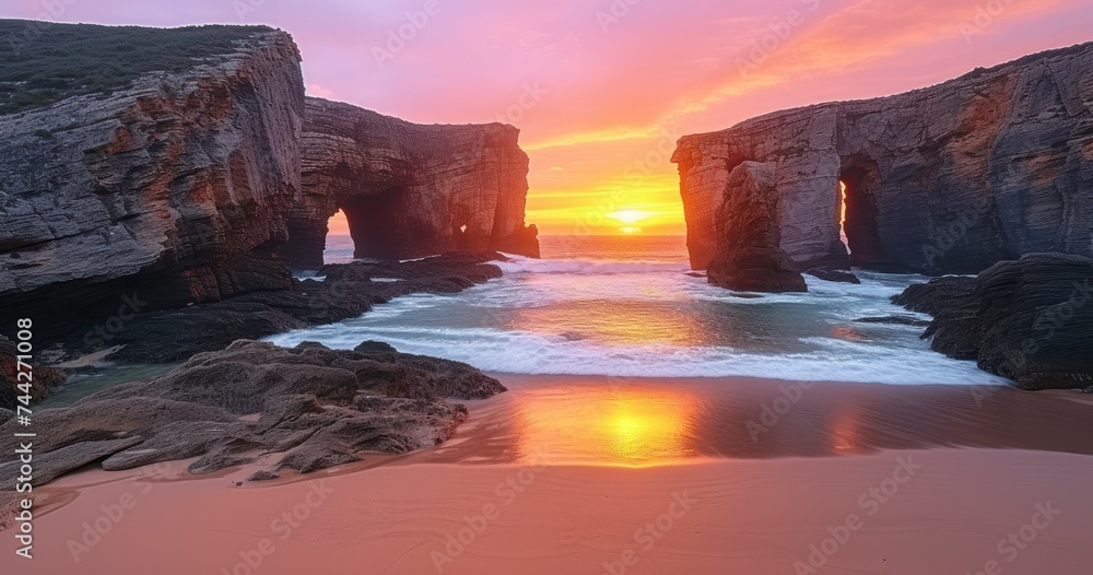 A serene sunset view with waves washing onto the sandy beach flanked by majestic rock formations