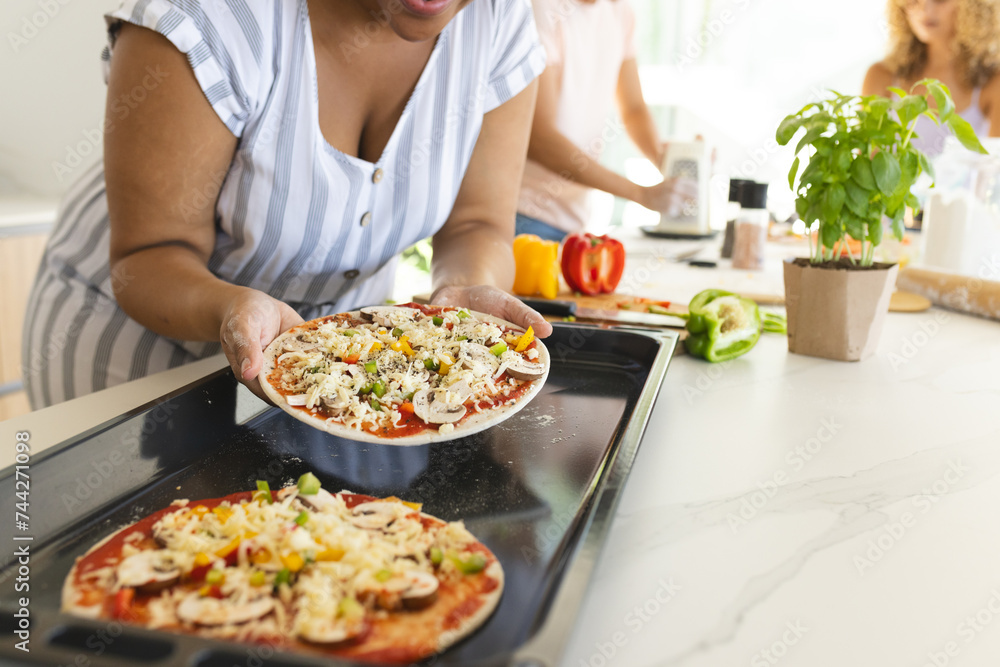 A young biracial woman prepares a pizza at home A young biracial woman prepares a pizza at home