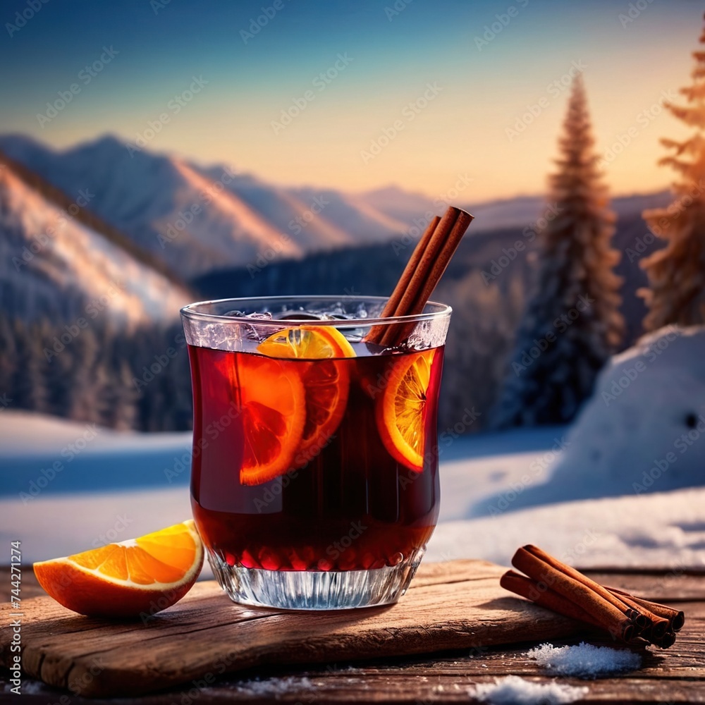 Glass of mulled red wine with spices against snowy winter landscape photo - obrazy, fototapety, plakaty 