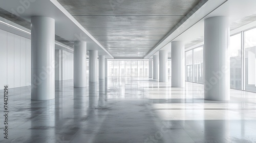 A Spacious Office  Pristine in White  with Elegant Columns and Concrete Flooring  Basking in Natural Light
