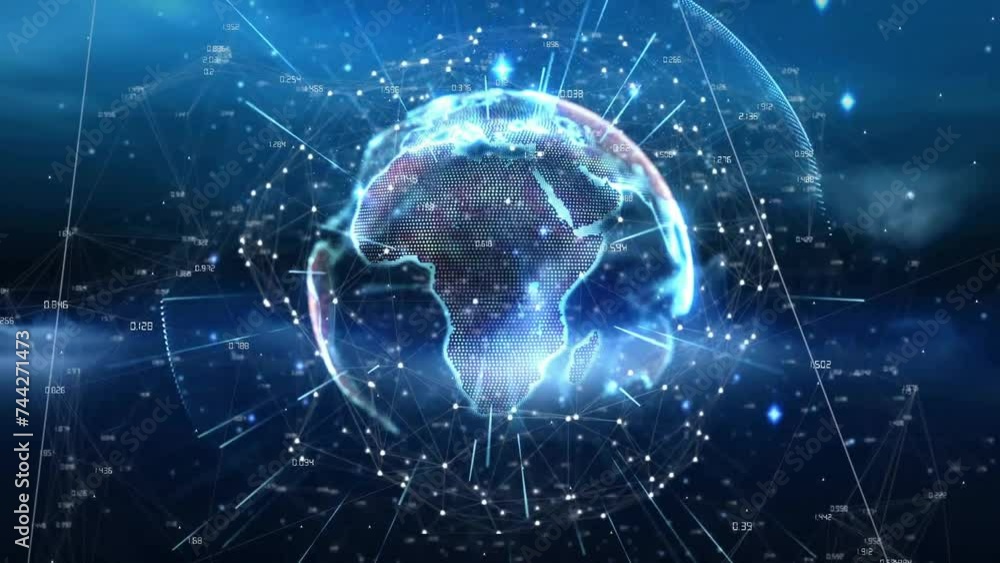 Animation of data processing and globe on blue and black background Animation of data processing and globe on blue and black background