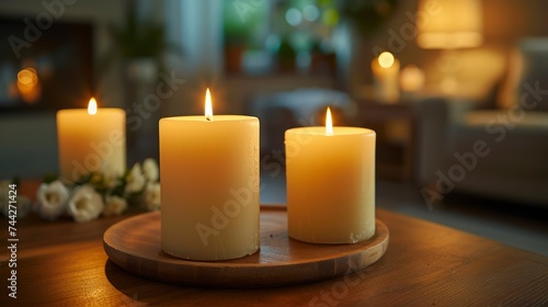 Aromatic Serenity - The Gentle Glow of Scented Candles Casts a Relaxing Ambiance on a Wooden Table
