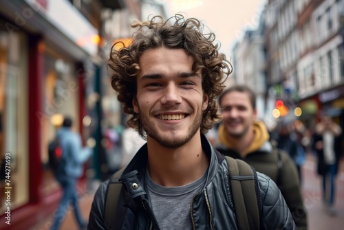 Young man standing in the street, with curly hair.. He has a European appearance, possibly French, German, or Italian. He is on a city street, looking around with a friendly expression.