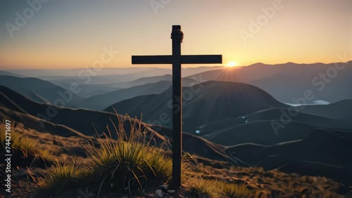 holy week cross in the mountains at sunset