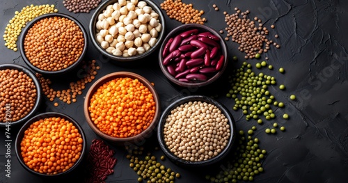 Bowls Filled with Legumes, Lentils, Chickpeas, and Beans Neatly Presented on a Stone Table, Seen from Above