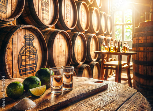 Barricas de tequila acompañadas de caballitos y limones con bonita luz 