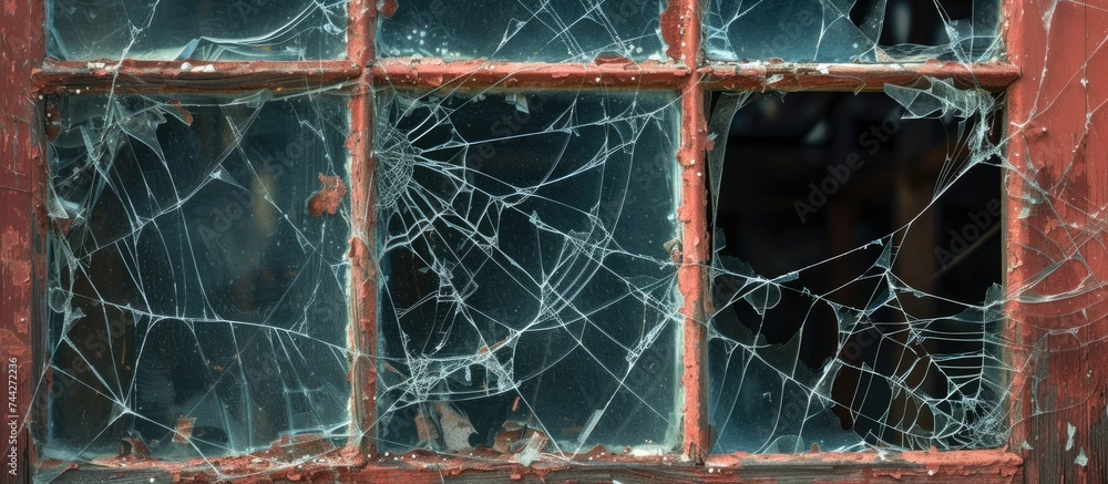 A square photo capturing a damaged glass window with web-like cracks and shards, framed in a striking red border.