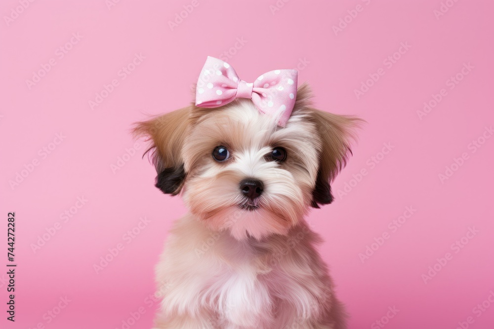 Puppy pink bow background. Pretty cute. Generate Ai