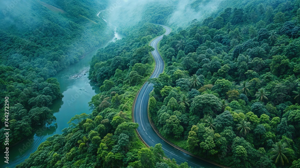 Aerial top view beautiful curve road on green Aerial top view beautiful curve road on green