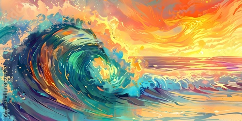 Colorful Ocean Wave. Sea water in crest shape. Sunset light and on background.