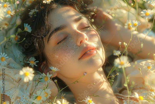 A woman basks in the warm sun, surrounded by a vibrant sea of yellow flowers, her peaceful face blending in with the natural beauty of the outdoors