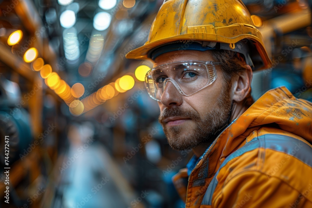 A blue-collar worker with determination in his eyes, wearing a yellow hard hat and protective goggles, walks confidently down the street, embodying the grit and resilience of an engineer ready to tac A blue-collar worker with determination in his eyes, wearing a yellow hard hat and protective goggles, walks confidently down the street, embodying the grit and resilience of an engineer ready to tac