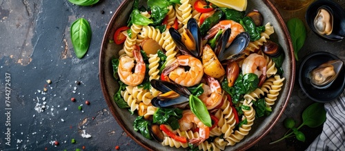 A delicious pasta salad with shrimp, mussels, spinach, and lemon slices, served on a rustic table.