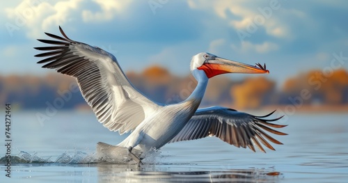 The Elegant Form of a Hunting Pelican, Wings Spread, Under the Bright Blue Sky photo