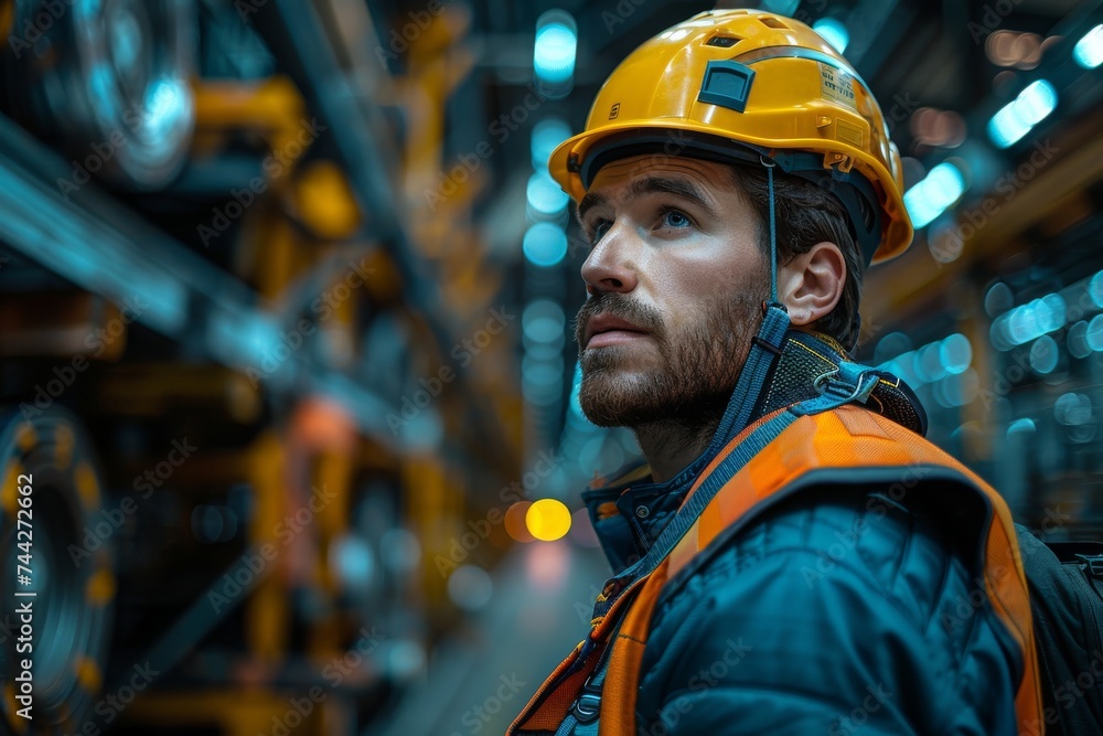 A rugged engineer in high-visibility workwear stands confidently on a busy street, donning a hard hat and vest, ready to take on the challenges of construction A rugged engineer in high-visibility workwear stands confidently on a busy street, donning a hard hat and vest, ready to take on the challenges of construction