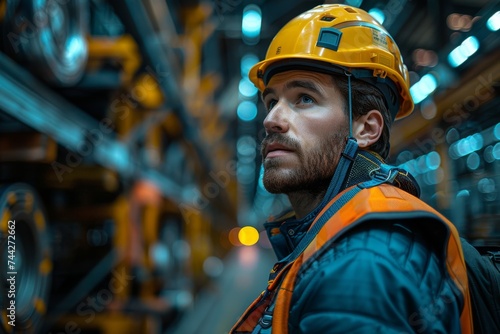 A rugged engineer in high-visibility workwear stands confidently on a busy street, donning a hard hat and vest, ready to take on the challenges of construction