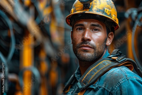 A determined blue-collar worker, sporting a hard hat and workwear, stands confidently on the bustling city street, his rugged human face framed by the brim of his helmet