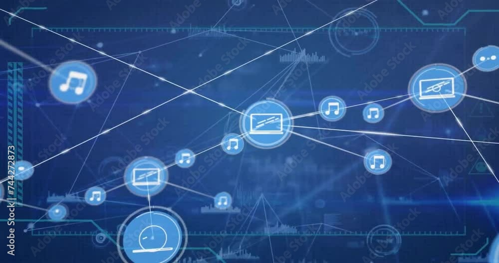 Animation of network of connections with icons on blue background Animation of network of connections with icons on blue background